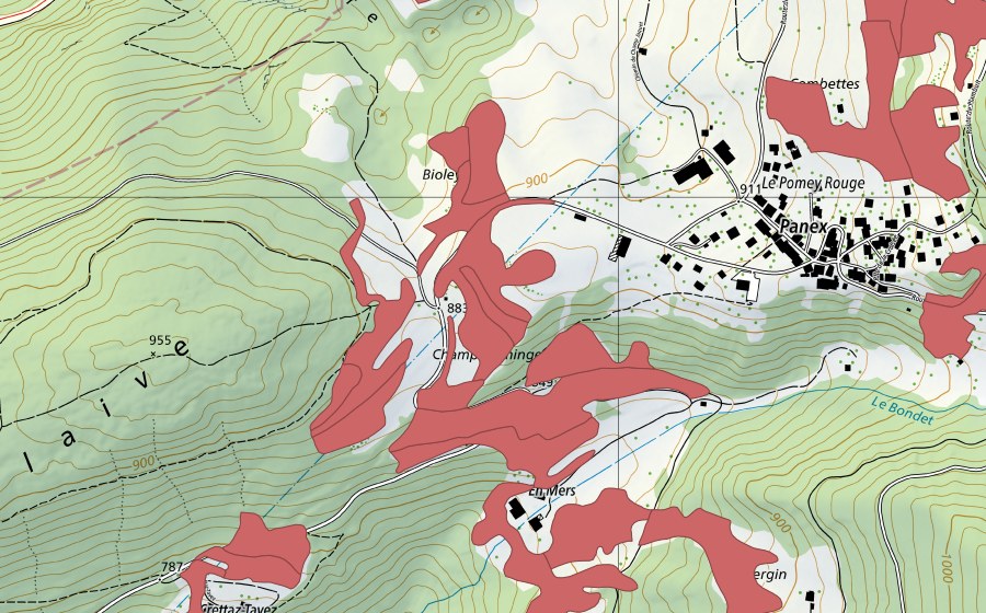 Landeskarte swisstopo mit dem Schutzperimeter von Le Marais (Trockenwiese)