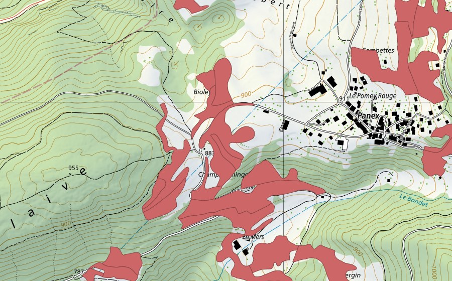 Carte nationale swisstopo avec le périmètre protégé de Le Marais (Prairie sèche)
