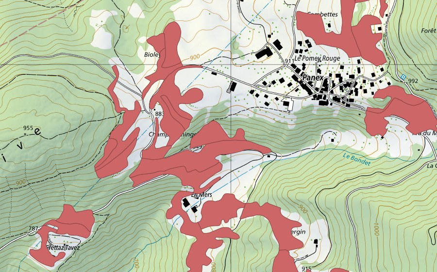 Landeskarte swisstopo mit dem Schutzperimeter von Le Marais (Trockenwiese)