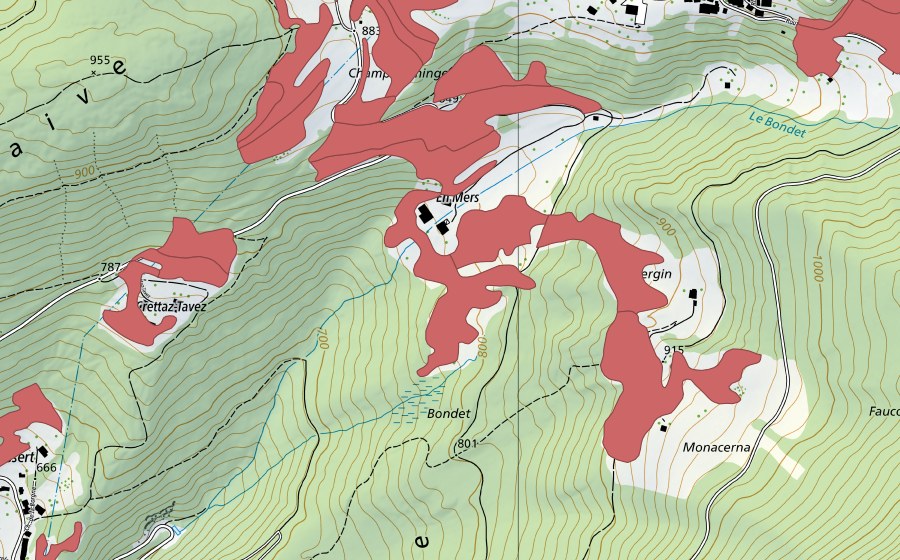 swisstopo national map showing the protected perimeter of Le Marais (Dry meadow)