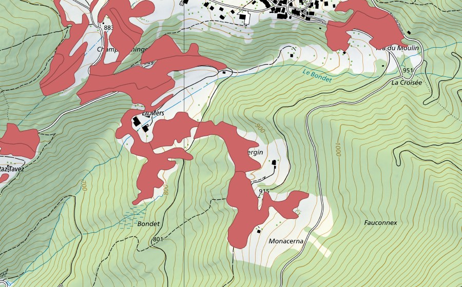 Landeskarte swisstopo mit dem Schutzperimeter von Le Marais (Trockenwiese)