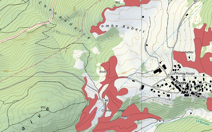 Landeskarte swisstopo mit dem Schutzperimeter von Le Marais (Trockenwiese)