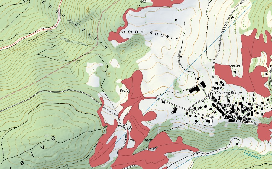 swisstopo national map showing the protected perimeter of Le Marais (Dry meadow)
