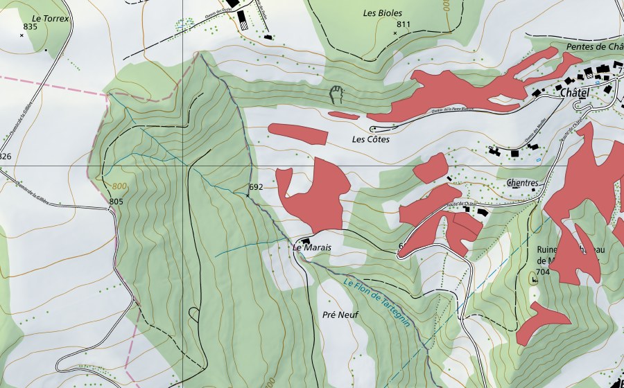 Carte nationale swisstopo avec le périmètre protégé de Le Marais (Prairie sèche)