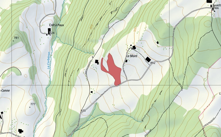 Carte nationale swisstopo avec le périmètre protégé de Le Mont (Prairie sèche)