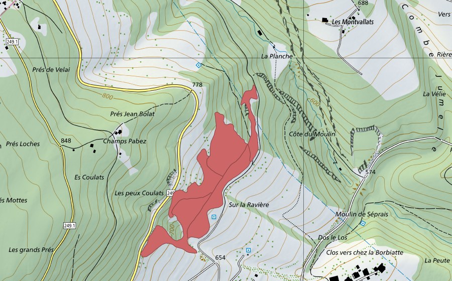 Carte nationale swisstopo avec le périmètre protégé de Le Moulin (Prairie sèche)