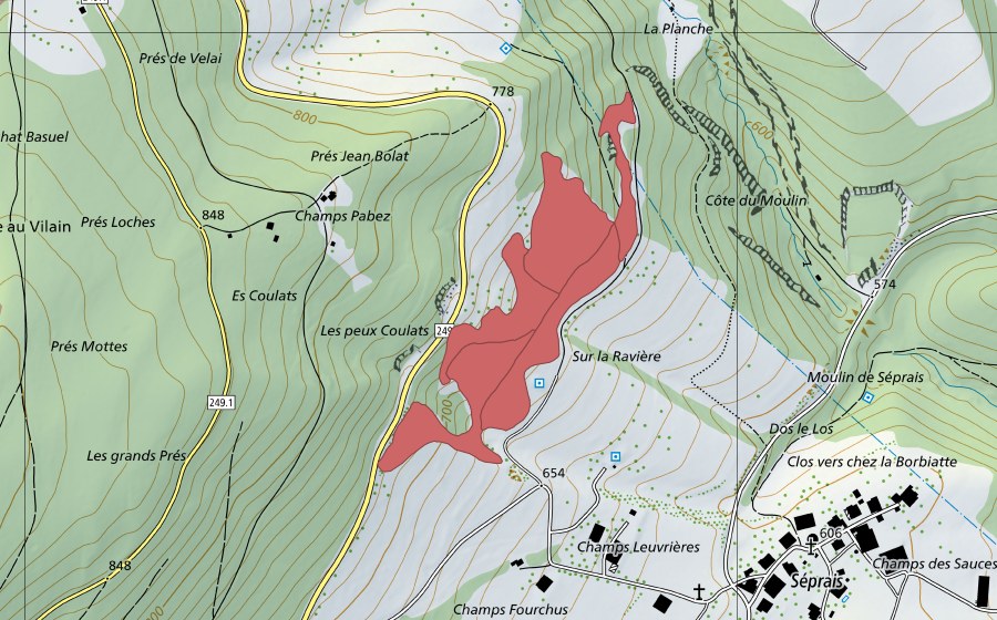 Carte nationale swisstopo avec le périmètre protégé de Le Moulin (Prairie sèche)