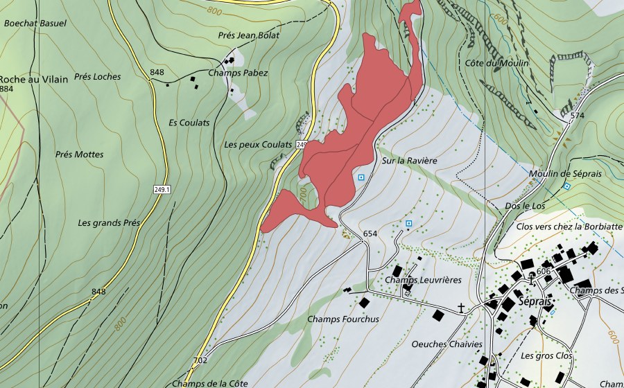 swisstopo national map showing the protected perimeter of Le Moulin (Dry meadow)