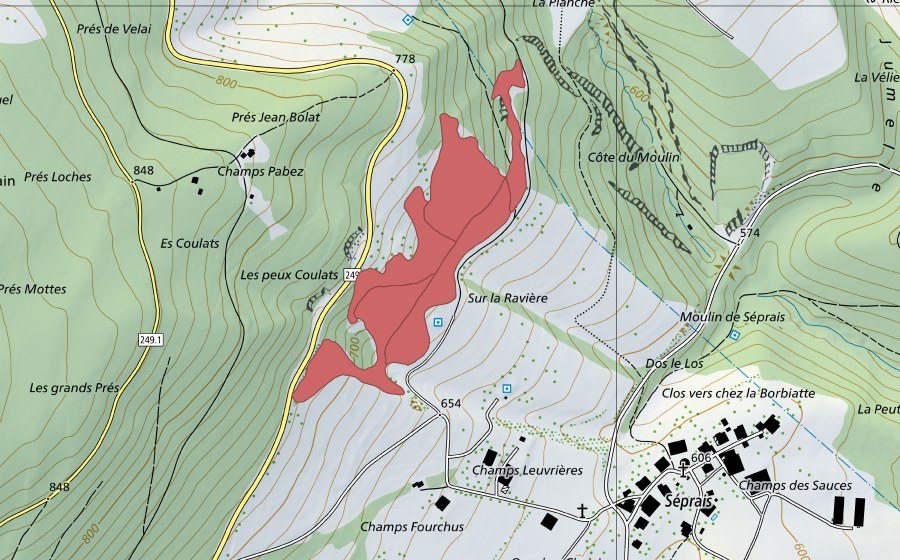 Carte nationale swisstopo avec le périmètre protégé de Le Moulin (Prairie sèche)