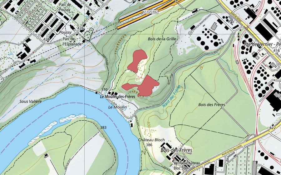 Carte nationale swisstopo avec le périmètre protégé de Le Moulin (Prairie sèche)