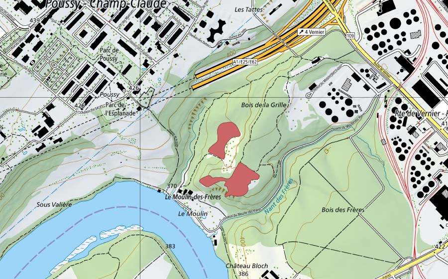 swisstopo national map showing the protected perimeter of Le Moulin (Dry meadow)