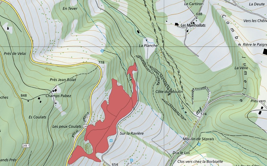 Carte nationale swisstopo avec le périmètre protégé de Le Moulin (Prairie sèche)
