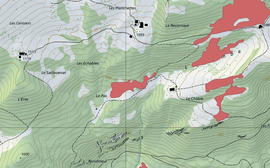 swisstopo national map showing the protected perimeter of Le Pas (Dry meadow)