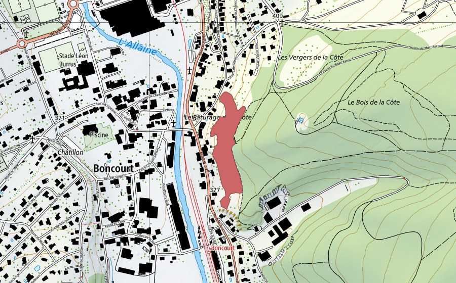 Landeskarte swisstopo mit dem Schutzperimeter von Le Pâturage de la Côte (Trockenwiese)