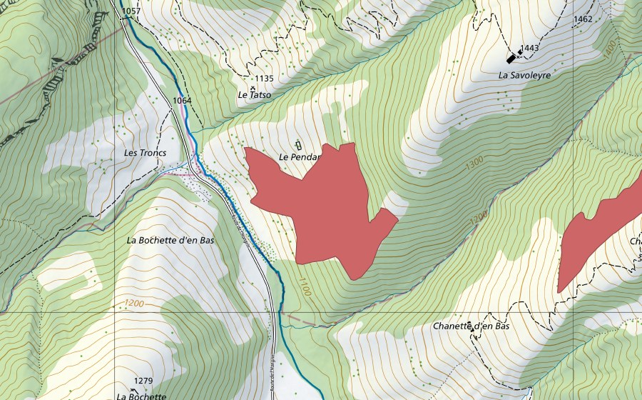 Carte nationale swisstopo avec le périmètre protégé de Le Pendant (Prairie sèche)