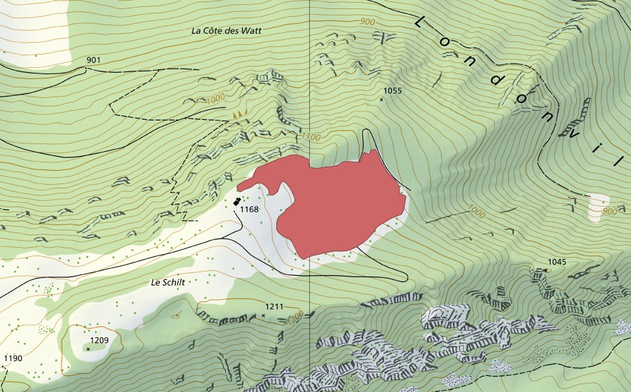 Carte nationale swisstopo avec le périmètre protégé de Le Pendant (Prairie sèche)