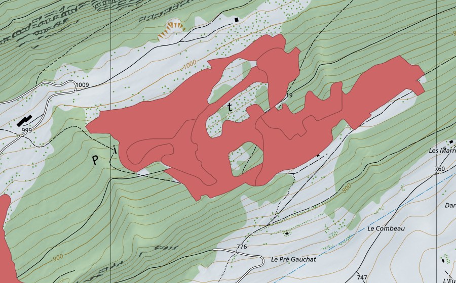 swisstopo national map showing the protected perimeter of Le Piémont (Dry meadow)