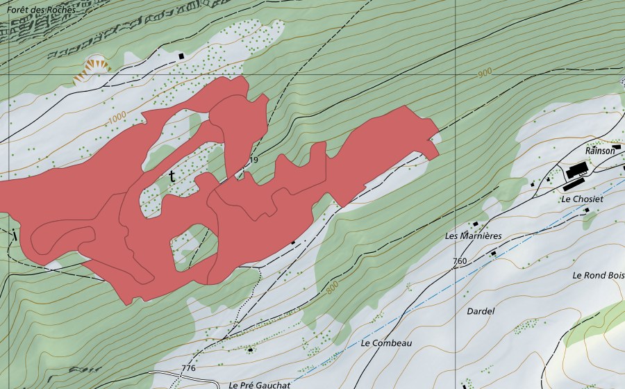 Carte nationale swisstopo avec le périmètre protégé de Le Piémont (Prairie sèche)