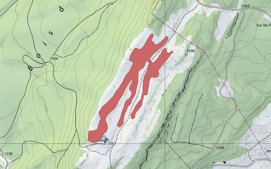 Landeskarte swisstopo mit dem Schutzperimeter von Le Planet (Trockenwiese)