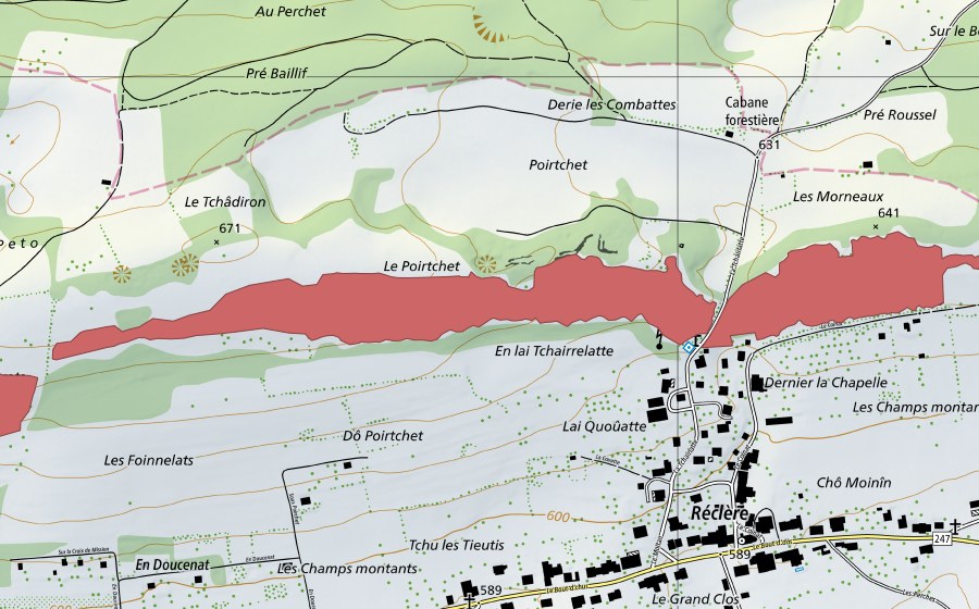 Carte nationale swisstopo avec le périmètre protégé de Le Poirtchet (Prairie sèche)