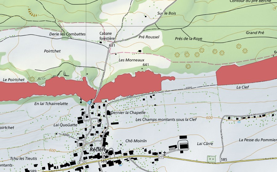 swisstopo national map showing the protected perimeter of Le Poirtchet (Dry meadow)