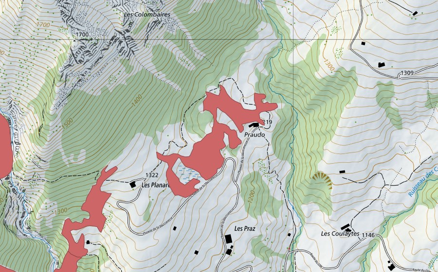 Landeskarte swisstopo mit dem Schutzperimeter von Le Praude (Trockenwiese)