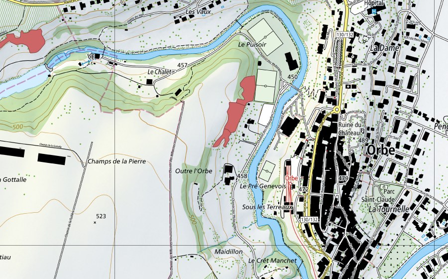 swisstopo national map showing the protected perimeter of Le Puisoir (Dry meadow)