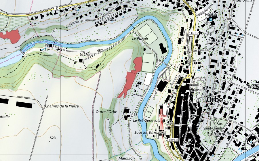 Carte nationale swisstopo avec le périmètre protégé de Le Puisoir (Prairie sèche)