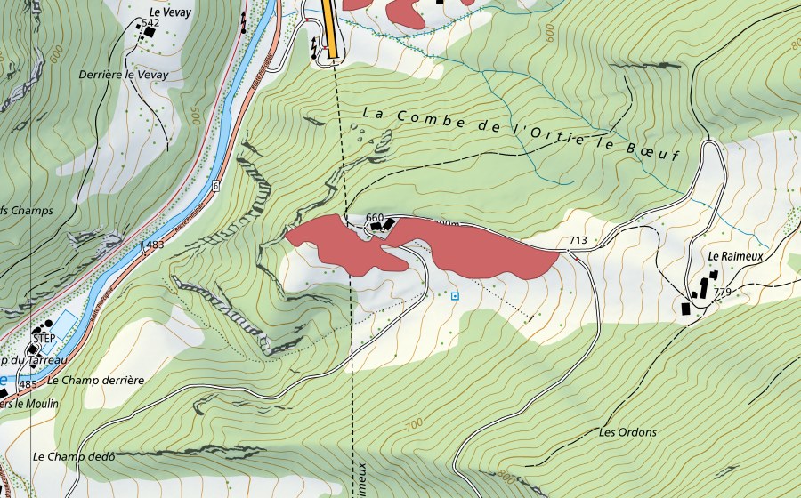 Carte nationale swisstopo avec le périmètre protégé de Le Raimeux (Prairie sèche)