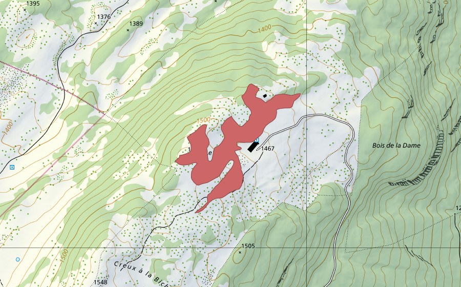 Carte nationale swisstopo avec le périmètre protégé de Le Risel (Prairie sèche)