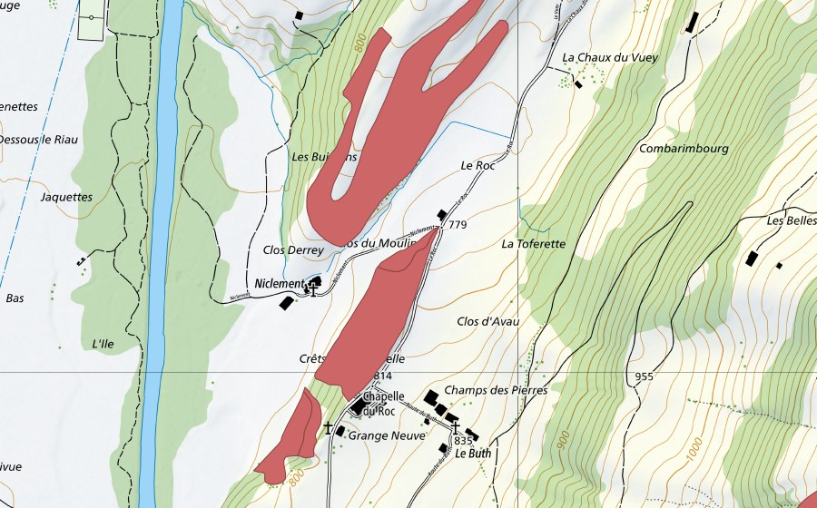 Carte nationale swisstopo avec le périmètre protégé de Le Roc (Prairie sèche)