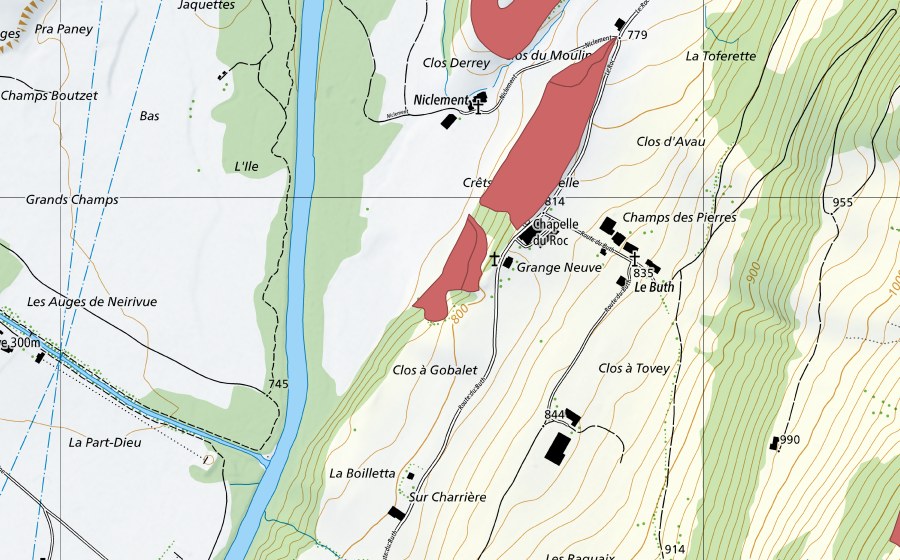 swisstopo national map showing the protected perimeter of Le Roc (Dry meadow)