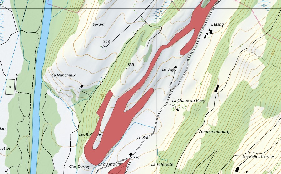 Landeskarte swisstopo mit dem Schutzperimeter von Le Roc (Trockenwiese)