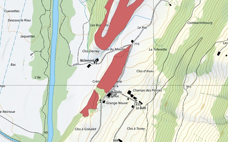 Landeskarte swisstopo mit dem Schutzperimeter von Le Roc (Trockenwiese)
