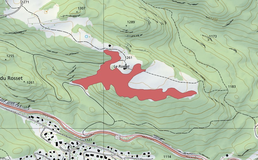 Carte nationale swisstopo avec le périmètre protégé de Le Rosset (Prairie sèche)