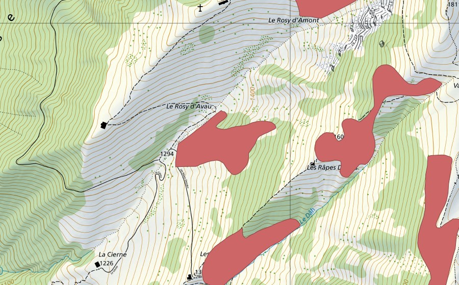 swisstopo national map showing the protected perimeter of Le Rosy d'Avau (Dry meadow)