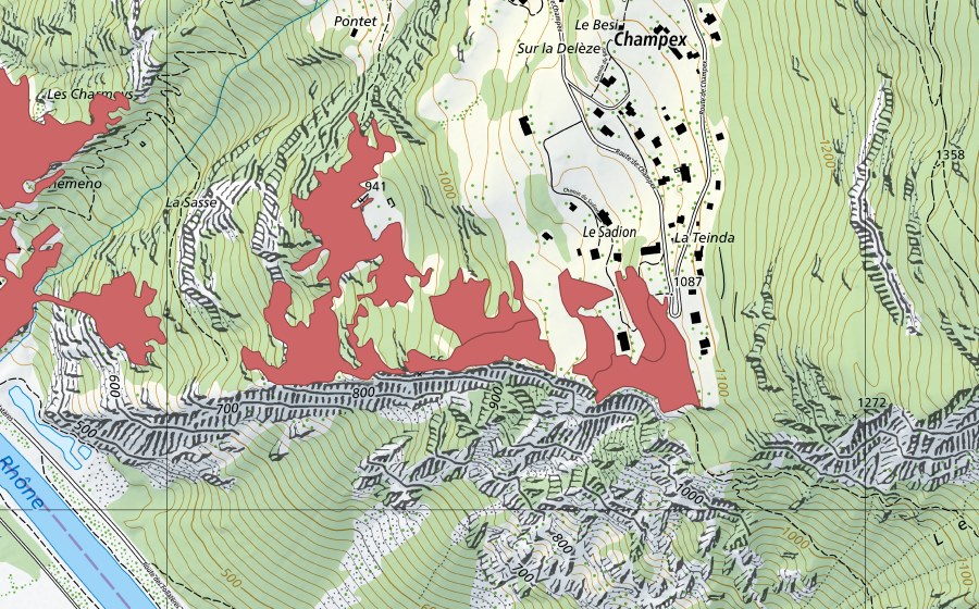 swisstopo national map showing the protected perimeter of Le Sadillon (Dry meadow)