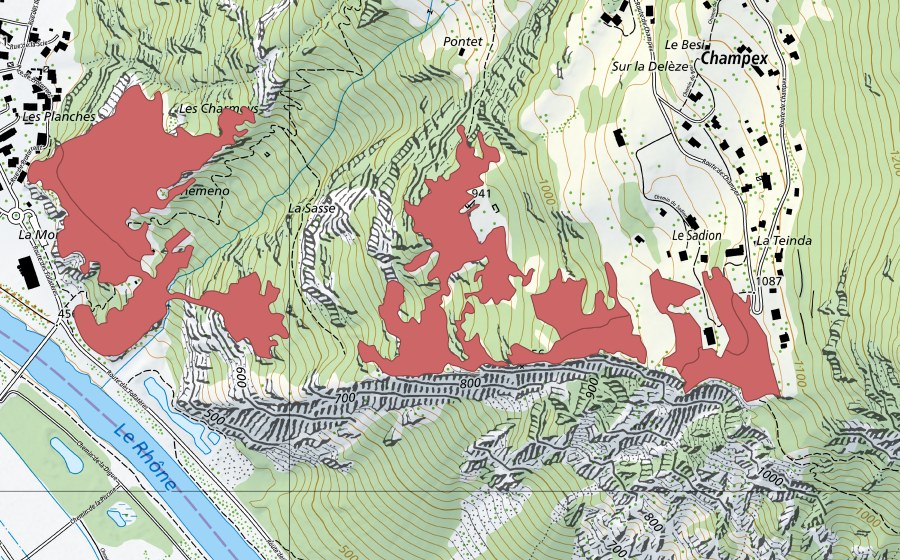 Landeskarte swisstopo mit dem Schutzperimeter von Le Sadillon (Trockenwiese)