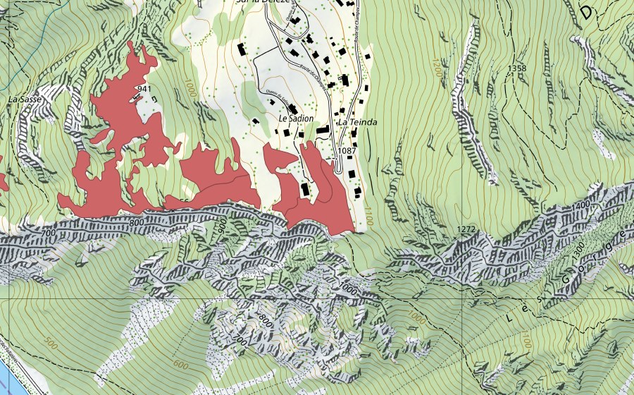 Carte nationale swisstopo avec le périmètre protégé de Le Sadillon (Prairie sèche)