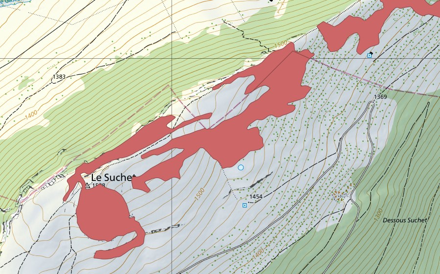 Carte nationale swisstopo avec le périmètre protégé de Le Suchet (Prairie sèche)