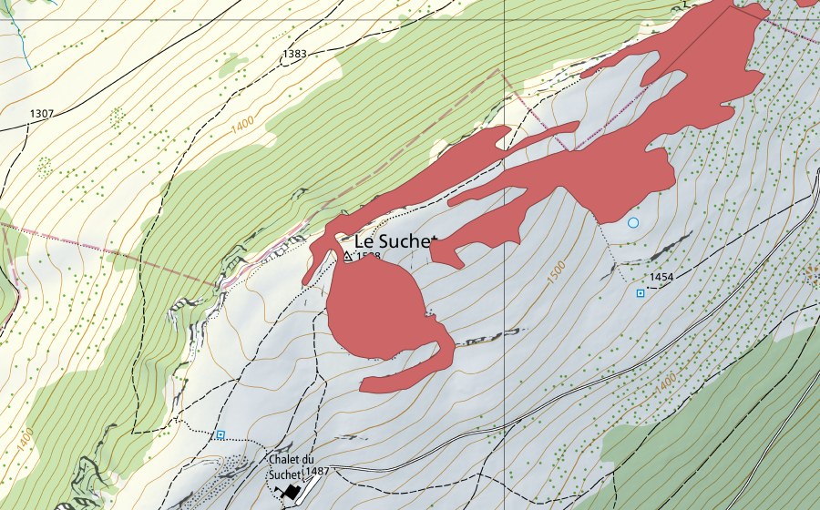 swisstopo national map showing the protected perimeter of Le Suchet (Dry meadow)