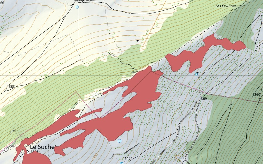 Carte nationale swisstopo avec le périmètre protégé de Le Suchet (Prairie sèche)