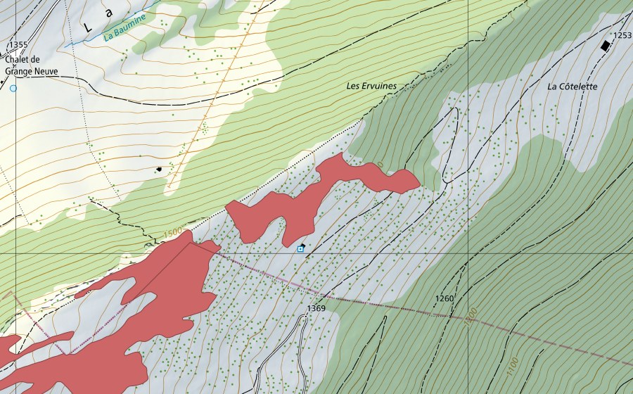 Landeskarte swisstopo mit dem Schutzperimeter von Le Suchet (Trockenwiese)