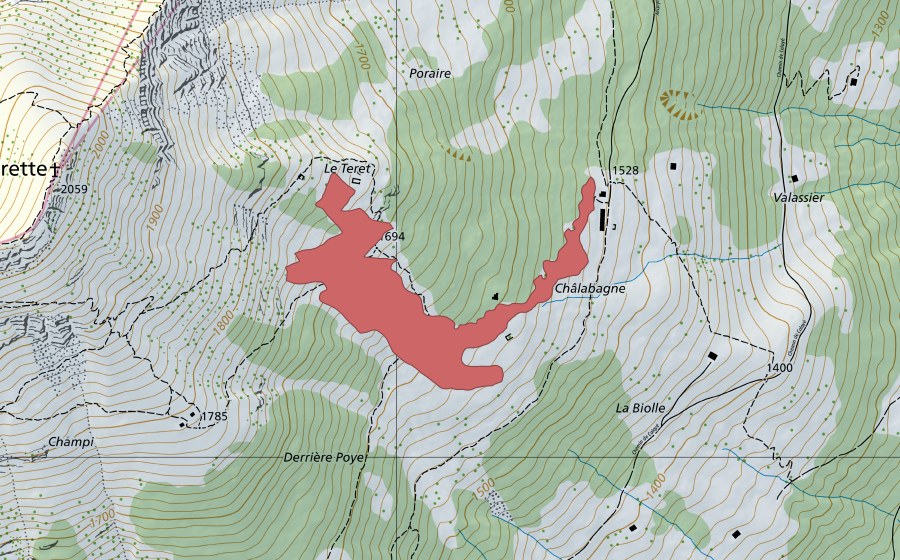 swisstopo national map showing the protected perimeter of Le Teret (Dry meadow)