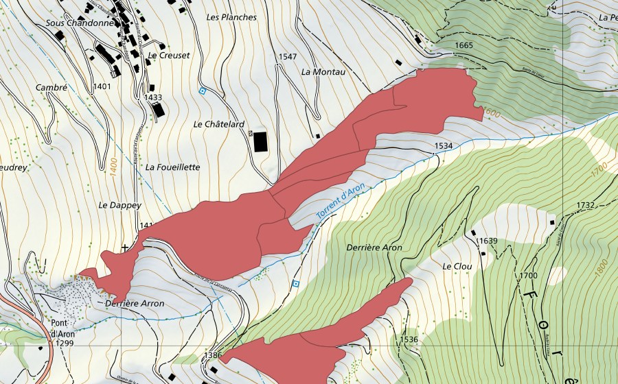 swisstopo national map showing the protected perimeter of Le Tieudray (Dry meadow)
