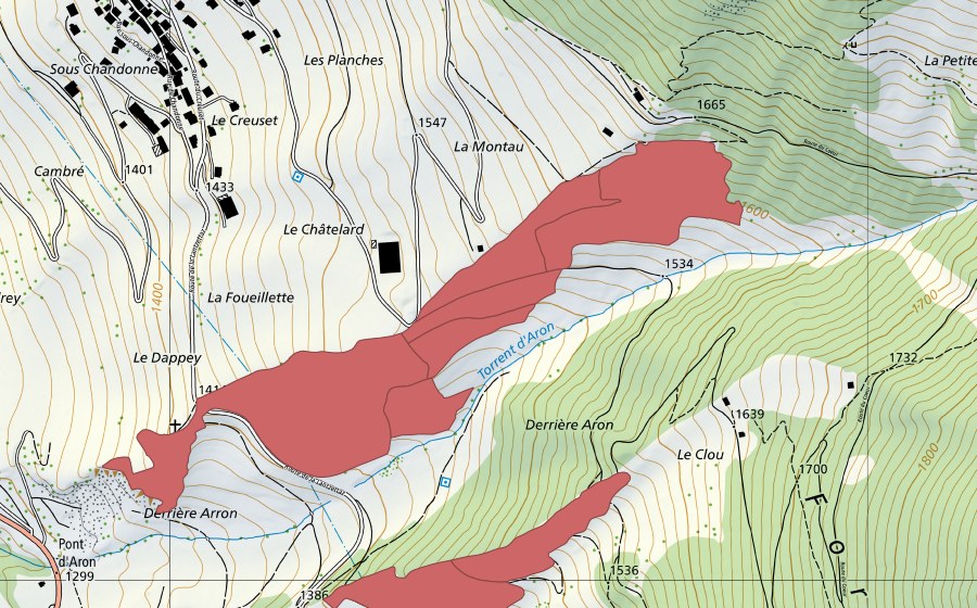 swisstopo national map showing the protected perimeter of Le Tieudray (Dry meadow)