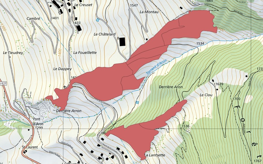 Landeskarte swisstopo mit dem Schutzperimeter von Le Tieudray (Trockenwiese)