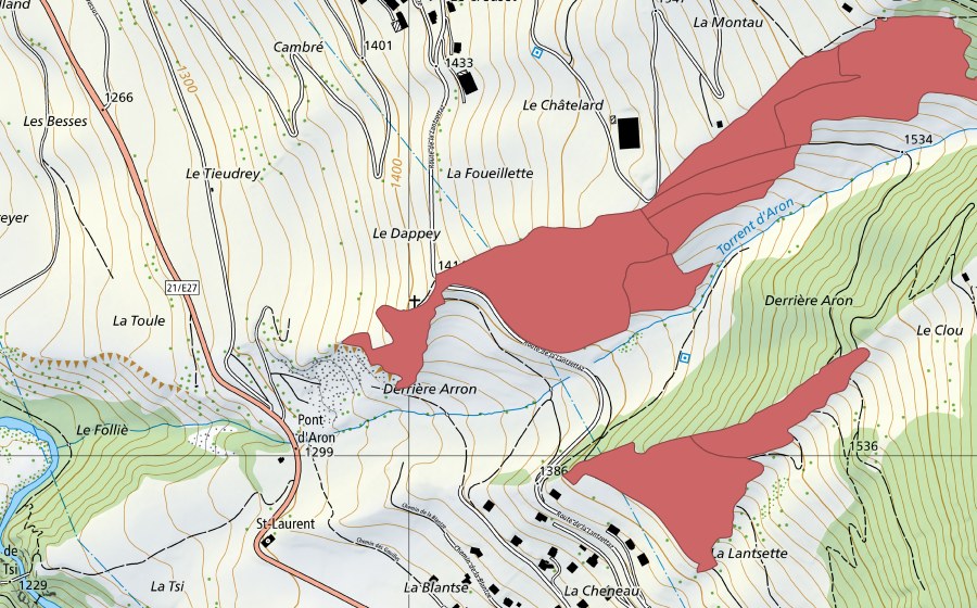 Landeskarte swisstopo mit dem Schutzperimeter von Le Tieudray (Trockenwiese)