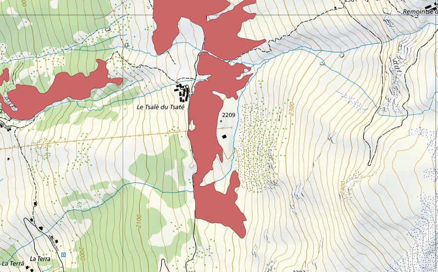 Landeskarte swisstopo mit dem Schutzperimeter von Le Tsaté (Trockenwiese)