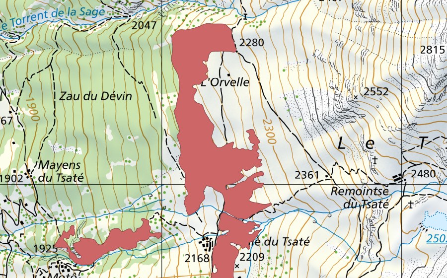 Landeskarte swisstopo mit dem Schutzperimeter von Le Tsaté (Trockenwiese)